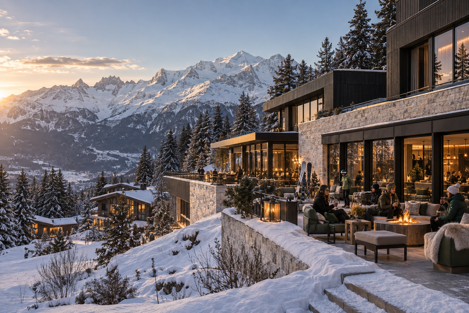 Synthetic contemporary Chamonix hotel, snowy terraces and mountain backdrop