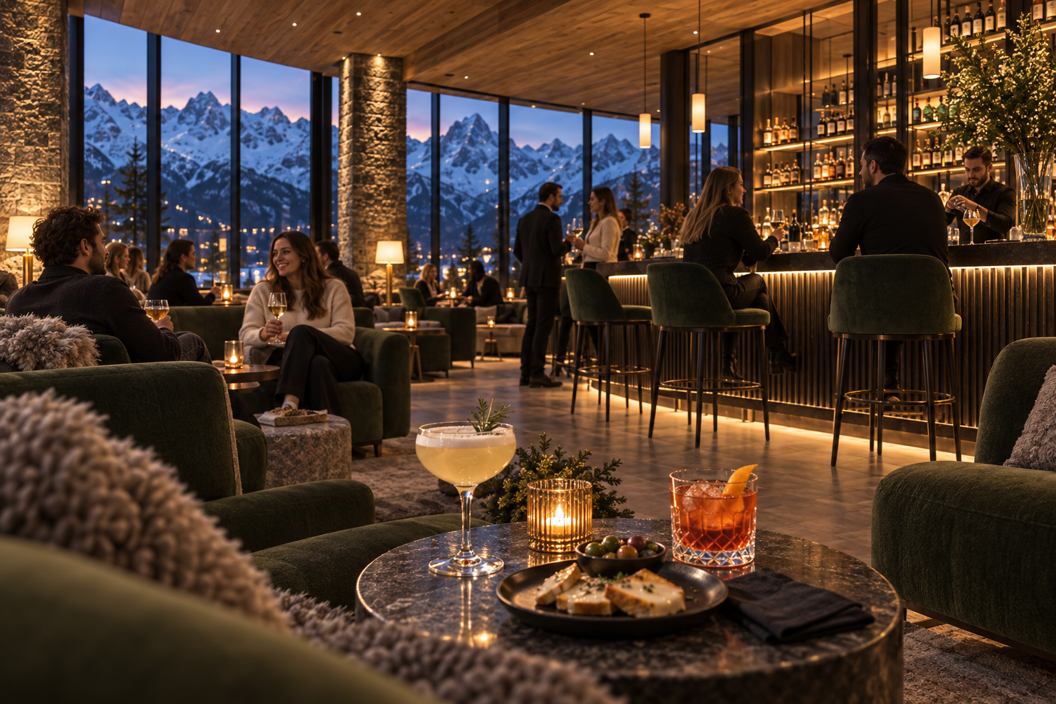 Synthetic Le Salon at Maison Aiguille: oak, green velvet, cocktails and mountain twilight