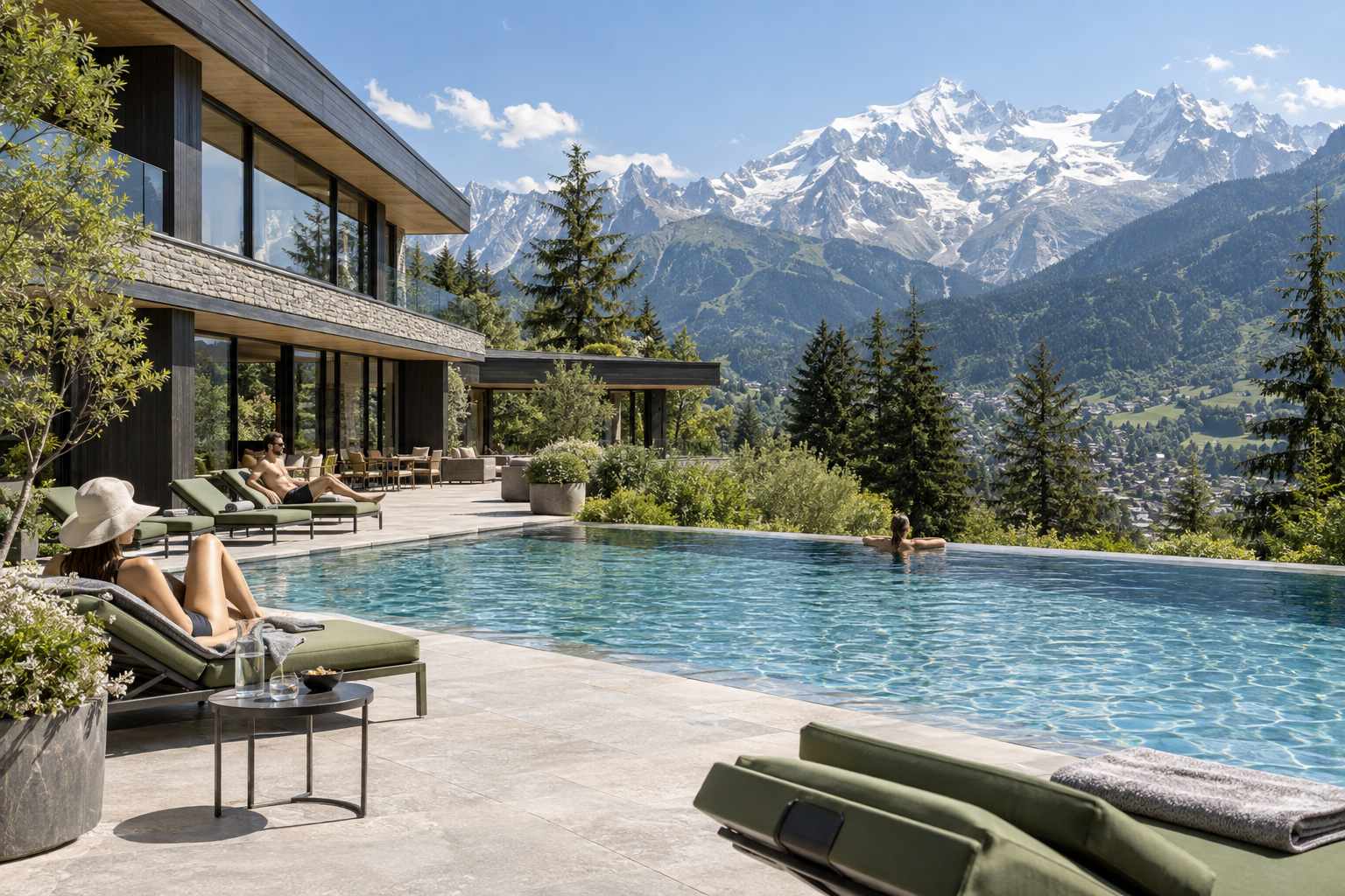 Synthetic summer view of the Chamonix resort pool